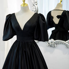 Classy Black Prom Dress Formal Dress with Bubble Sleeves - DollyGown