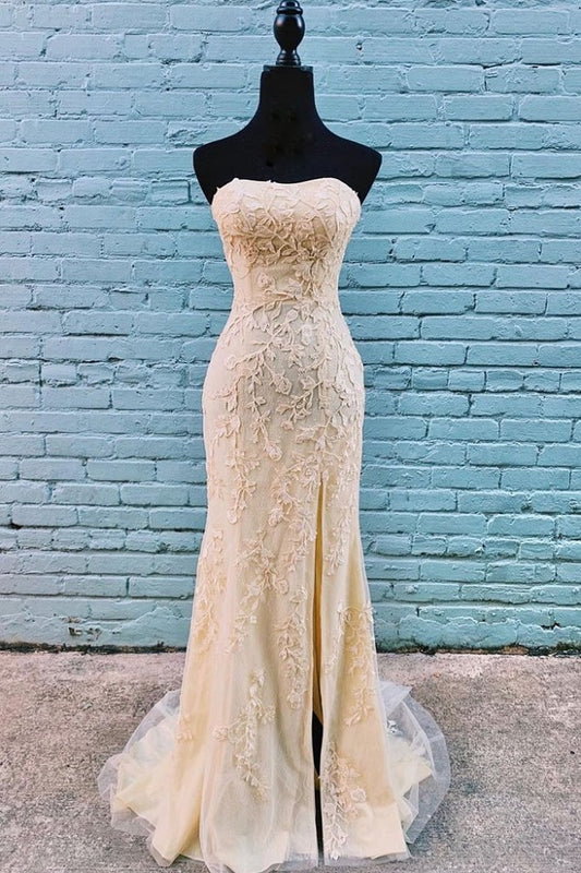Classy Gold Lace Appliques Long Strapless Prom Dress with Side Slit,20081607-Dolly Gown