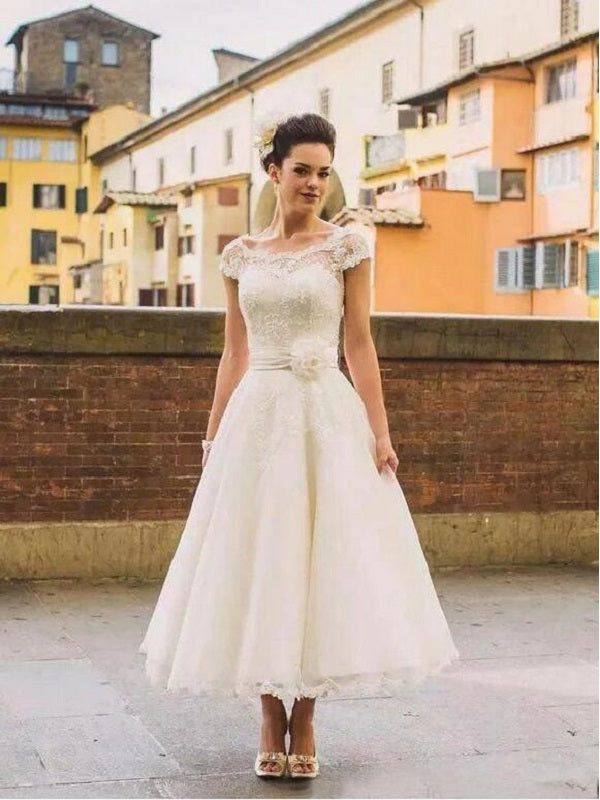 Country Style Cap Sleeves 50s Lace Tea Length Wedding Dress,Rockabilly Pinup Bridal Gown,20082212-Dolly Gown