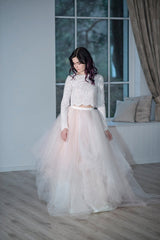 Country Style Lace Crop Top 2 Piece Wedding Dresses with Long Sleeves,20081501-Dolly Gown