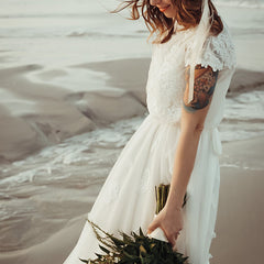 Country Style Lace Unique Cap Sleeves Two Piece Long Bridal Separates Wedding Dress,20082224-Dolly Gown