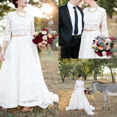 Country Style Modest Lace Long Sleeve Lace Two Piece Wedding Dress, Bridal Separates Long Sleeve Top,20082690-Dolly Gown