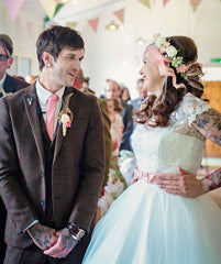 Country Style Scoop Neck Retro Wedding Dress Tea Length,50s Style Wedding Dress,20110630-Dolly Gown