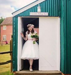 Country Style Scoop Neck Retro Wedding Dress Tea Length,50s Style Wedding Dress,20110630-Dolly Gown