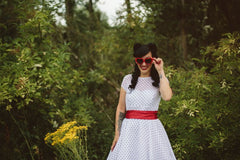 Country Style Vintage Cap Sleeves Chiffon Tea Length Wedding Dress with Black Polka Dots,20110227-Dolly Gown