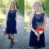 Country Blue Bateau Modest Lace Short Bridesmaid Dresses with Cowboy Boots,GDC1512-Dolly Gown