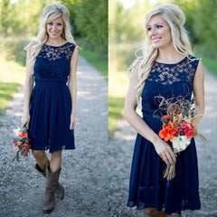 Country Blue Bateau Modest Lace Short Bridesmaid Dresses with Cowboy Boots,GDC1512-Dolly Gown