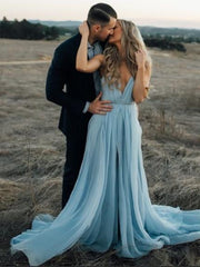 Custom Made Pale Blue Chiffon Boho Wedding Dress with slit,GDC1031-Dolly Gown