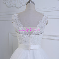 Modest Short Tea Length Lace Wedding Dress with Tulle Bottom Romantic 50s Wedding Dress DO002-Dolly Gown