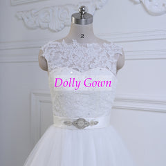 Modest Short Tea Length Lace Wedding Dress with Tulle Bottom Romantic 50s Wedding Dress DO002-Dolly Gown