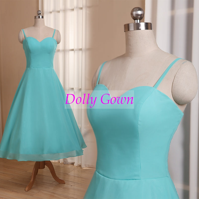 Blue Tea Length 50s Style Bridesmaid Dresses with Spaghetti Straps,20081105-Dolly Gown