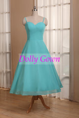 Blue Tea Length 50s Style Bridesmaid Dresses with Spaghetti Straps,20081105-Dolly Gown