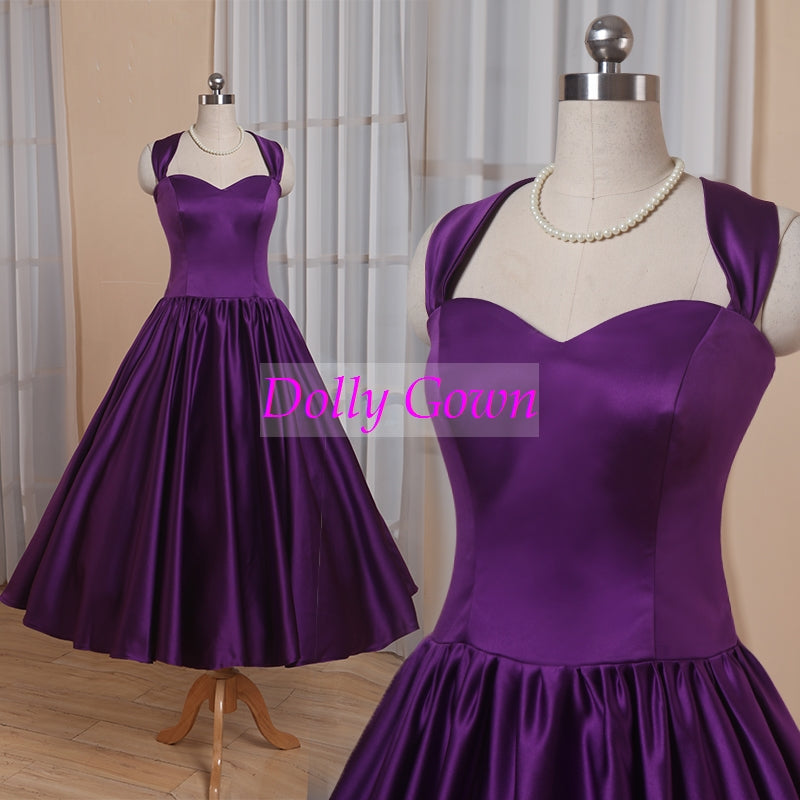 Vintage Bridesmaid Dresses Purple Country Bridesmaid Dresses Tea Length 50s Style Bridesmaid Dresses