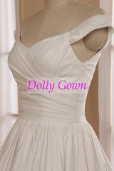 Vintage 1950s inspired Off Shoulders Cotton Tea Length Wedding Dress with Lace Hemline