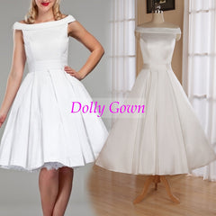 1950's Vintage Style Simple Off Shoulders Tea Length Wedding Dress with Box Pleats Waitline,20072805 - DollyGown