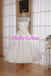 1950's Vintage Style Simple Off Shoulders Tea Length Wedding Dress with Box Pleats Waitline,20072805 - DollyGown