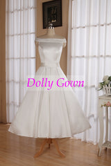 1950's Vintage Style Simple Off Shoulders Tea Length Wedding Dress with Box Pleats Waitline,20072805 - DollyGown
