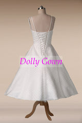 1950s Polka Dotted Vintage Wedding Dress Tea Length with Satin Binding,Pin Up 50s Style Short Wedding Dress,DO021 - DollyGown