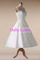 1950s Polka Dotted Vintage Wedding Dress Tea Length with Satin Binding,Pin Up 50s Style Short Wedding Dress,DO021 - DollyGown