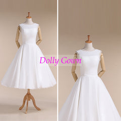 Chiffon Jewel Neck Vintage Style 50s Tea Length Wedding Dress for Older Brides over 40-Dolly Gown