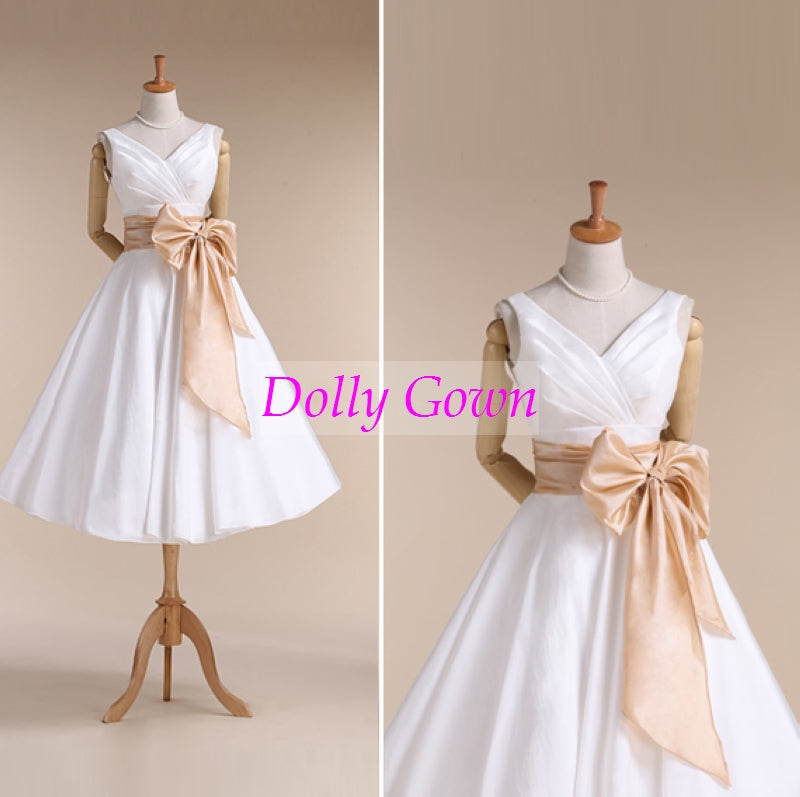 V Neck 50s Style Rockabilly Wedding Dress with Champagne Wait Belt for Older Brides,20072808