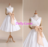 V Neck 50s Style Rockabilly Wedding Dress with Champagne Wait Belt for Older Brides,20072808