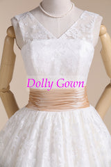 Audery Hepburn 50s Style V neck Tea Length Lace Wedding Dresses,20072809-Dolly Gown