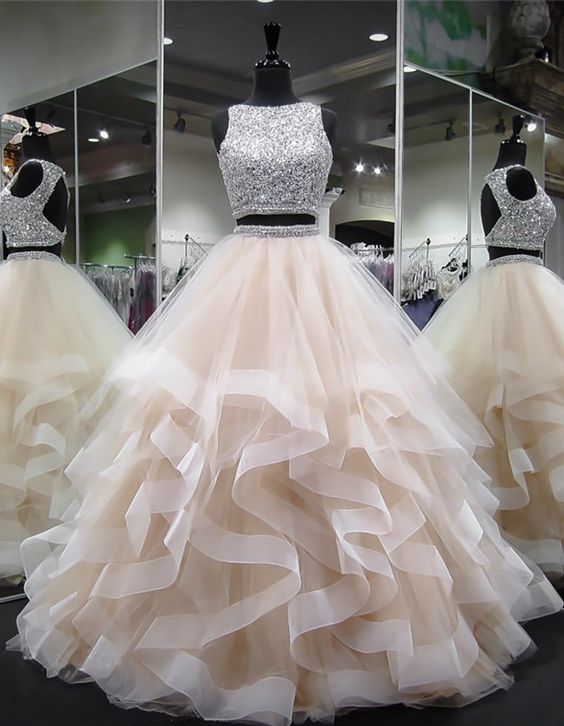 Dazzling Crop Top Princess Ruffles Skirt Two Piece Prom Gown,Prom Dress Long Ball Gown,GDC1336-Dolly Gown
