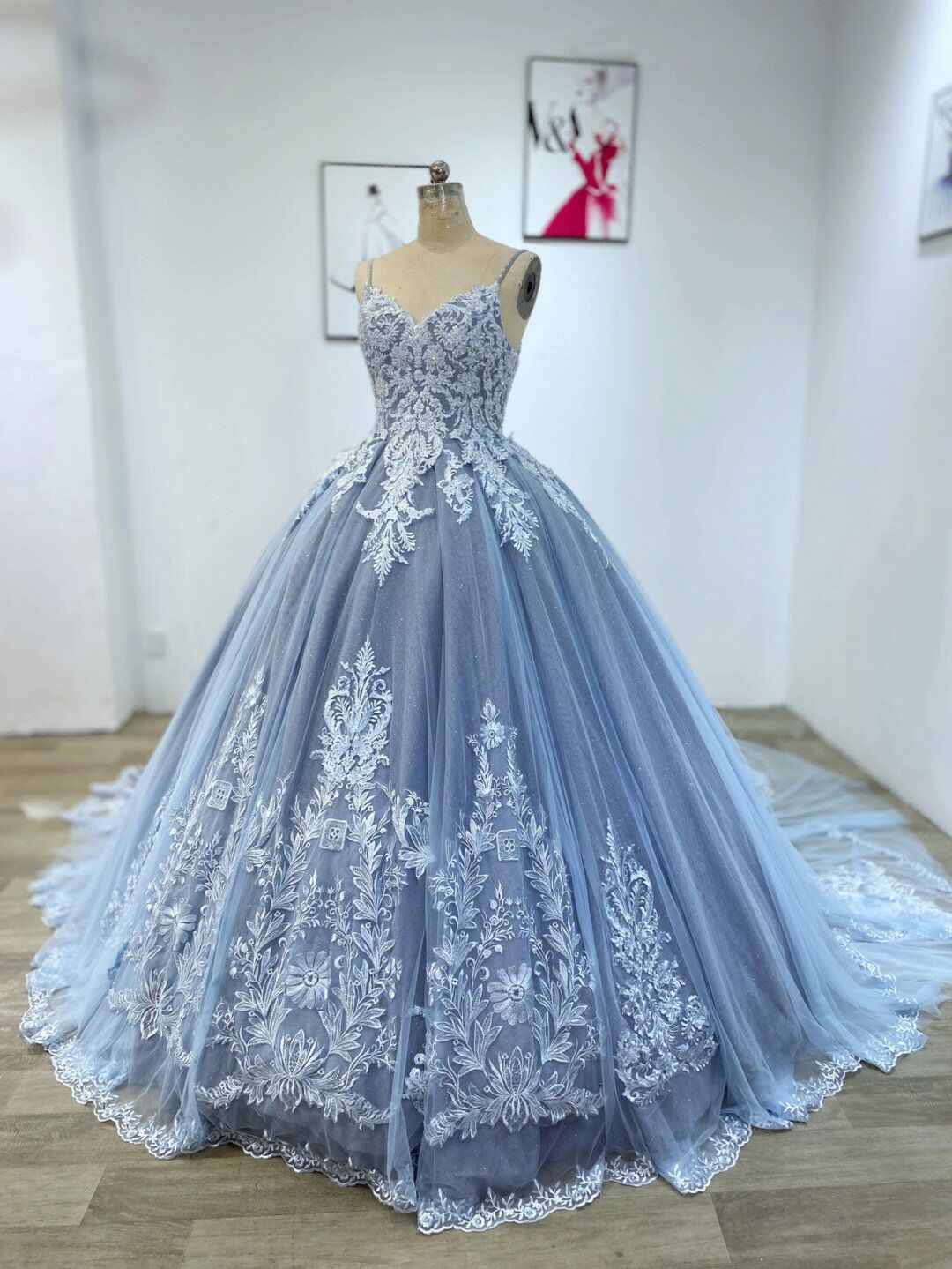 Dusty Blue Lace Ball Gown Puffy Quinceanera Dress Dusty Blue Lace Ball Gown Puffy Quinceanera Dress