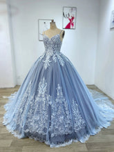 Dusty Blue Lace Ball Gown Puffy Quinceanera Dress - DollyGown