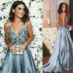Dusty Blue Prom Dress,Unique Prom Dress,Backless Prom Dress,Spaghetti Straps Prom Dress,MA176-Dolly Gown