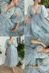Dusty Blue Tea Length Wedding Reception Dress with Bubble Sleeves - DollyGown