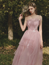 Dusty Rose Flowy Tulle Tiered Prom Dress - DollyGown