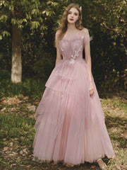 Dusty Rose Flowy Tulle Tiered Prom Dress - DollyGown