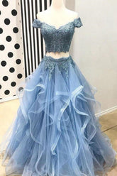 Dusty Blue Two Piece Off Shoulders Ruffles Skirt Prom Dress,Sweet 16 Dress,GDC1292-Dolly Gown