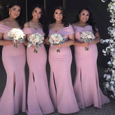 Dusty Pink Mermaid Side Slit Simple Off Shoulders Bridesmaid Dresses,GDC1077-Dolly Gown