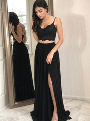 Lace Top Two Piece Black Prom Dress with Slit,Evening Gowns with Slits,20082004-Dolly Gown