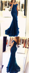 Elegant Blue Long Mermaid Lace Off Shoulders Prom Dress Formal Dress ,GDC1089-Dolly Gown