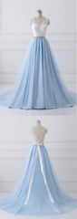 Elegant Long Blue Prom Dress with White Lace Top,Senior School Formal Dress,GDC1326-Dolly Gown