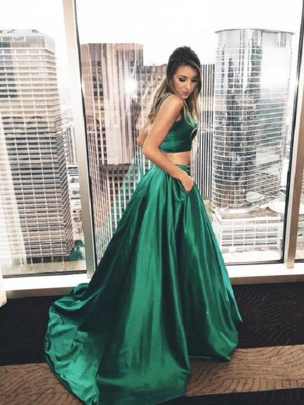 Emerald Green Two Piece Satin Crop Top Ball Gown Prom Dress