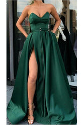 Emerald Green Side Slit Strapless Long Prom Dress with Belt,GDC1248-Dolly Gown