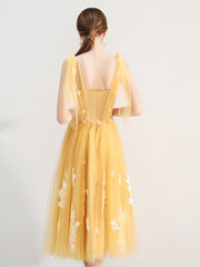 Illusion Yellow Calf Length Fairytale Homecoming Dress Prom Dress - DollyGown
