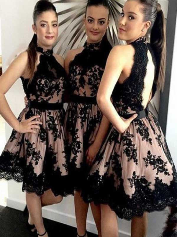 Halter Black Lace Short Bridesmaid Dresses With Open Back,Robe De Demoiselle D'Honneur,Fs012-Dolly Gown