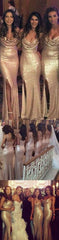 Sexy Sequin Gold Bridesmaid Dresses with Side Slit Bridesmaid Dresses with Split Front,Fs036-Dolly Gown