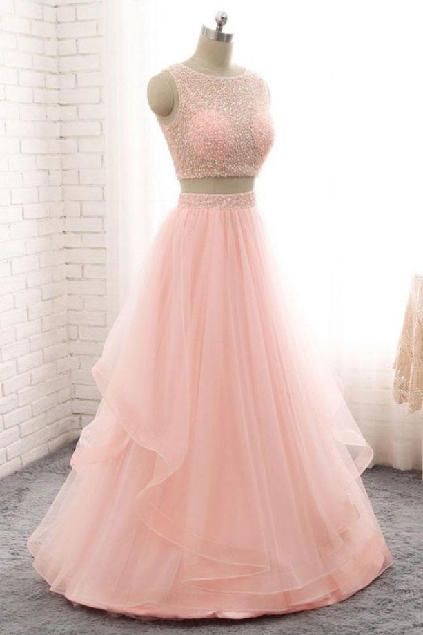 Fairy Blush Pink Two Piece Long Prom Dress 8th Grade Formal Dress
