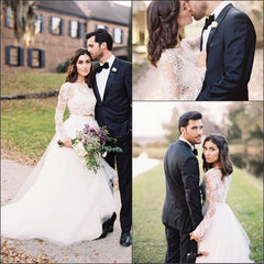 Fairy Long Sleeve Lace Crop Top Bridal Separates with Tulle Skirt, Two Piece Wedding Dress,20082668-Dolly Gown
