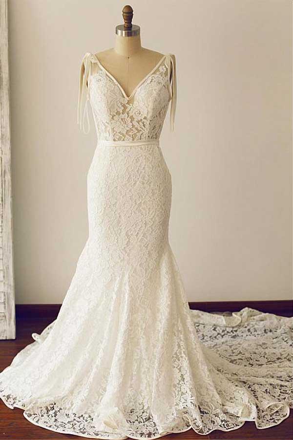 Vintage Lace See Though V neck Sheath Wedding Dress Lace Bridal Gown,GDC1268