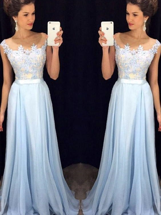 Fashion Light Blue Lace A line Prom Dress Long Formal Dress Chiffon Light Blue Evening Dress,201707209-Dolly Gown