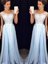 Fashion Light Blue Lace A line Prom Dress Long Formal Dress Chiffon Light Blue Evening Dress,201707209-Dolly Gown