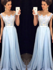 Fashion Light Blue Lace A line Prom Dress Long Formal Dress Chiffon Light Blue Evening Dress,201707209-Dolly Gown